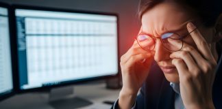 Frau mit zusammengekniffenen Augen und Brille vor Bildschirm