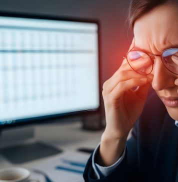 Frau mit zusammengekniffenen Augen und Brille vor Bildschirm