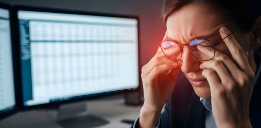 Frau mit zusammengekniffenen Augen und Brille vor Bildschirm