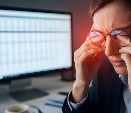 Frau mit zusammengekniffenen Augen und Brille vor Bildschirm