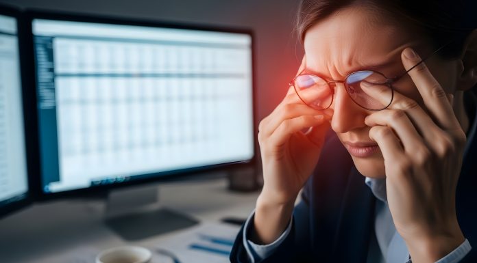 Brillen und Bildschirmarbeit: Wie die richtige Brille die Augen entlasten kann Frau mit zusammengekniffenen Augen und Brille vor Bildschirm