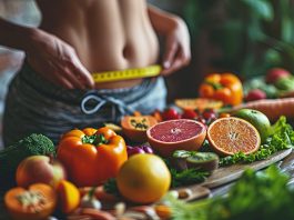 Frau steht an Küchentresen auf dem Obst und Gemüse liegt und misst mit Maßband ihren Bauchumfang.