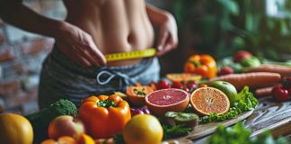 Frau steht an Küchentresen auf dem Obst und Gemüse liegt und misst mit Maßband ihren Bauchumfang.