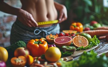 Frau steht an Küchentresen auf dem Obst und Gemüse liegt und misst mit Maßband ihren Bauchumfang.