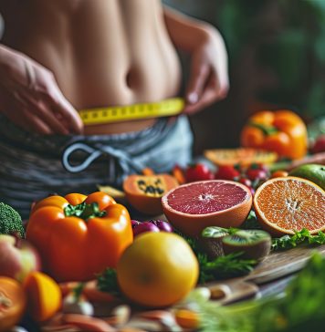 Frau steht an Küchentresen auf dem Obst und Gemüse liegt und misst mit Maßband ihren Bauchumfang.