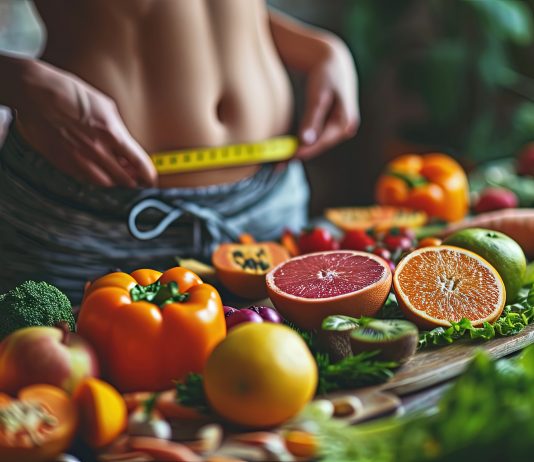 Frau steht an Küchentresen auf dem Obst und Gemüse liegt und misst mit Maßband ihren Bauchumfang.
