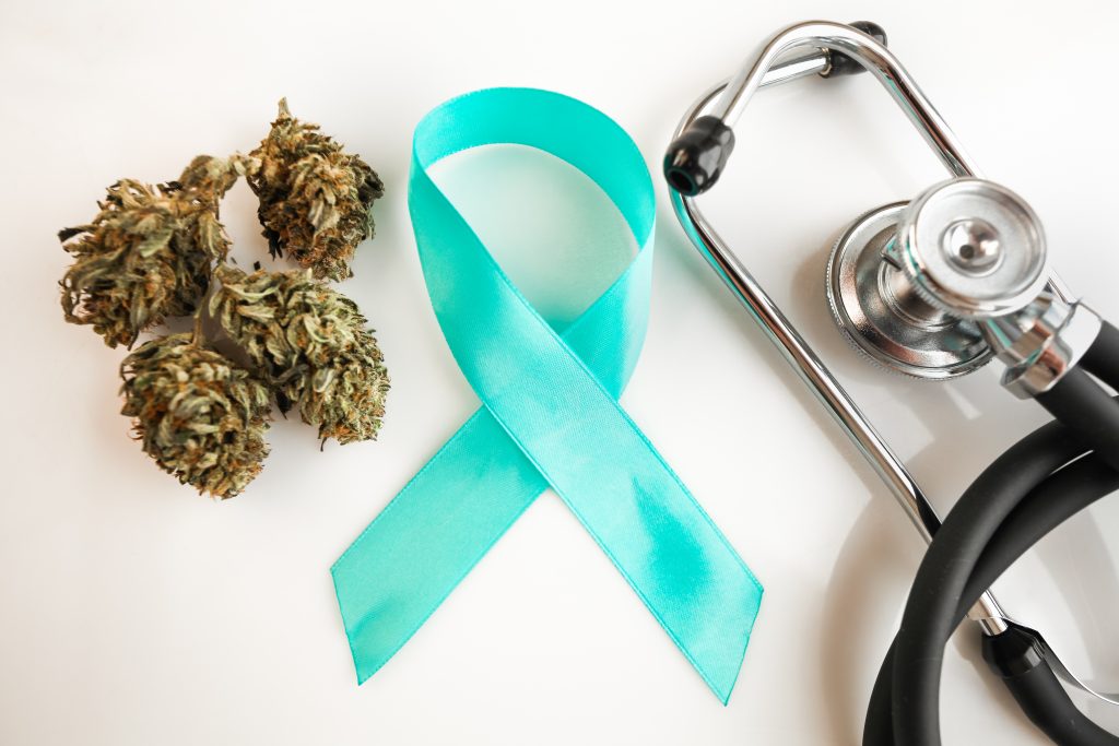 Cannabis Blüten, eine blaue Schleife und daneben liegt ein Stethoskop.