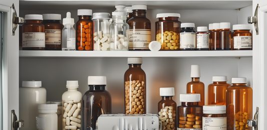 Das Bild zeigt einen geöffneten Arzneischrank, in dem zahlreiche braune und transparente Flaschen mit unterschiedlichen Tabletten und Kapseln aufbewahrt sind.