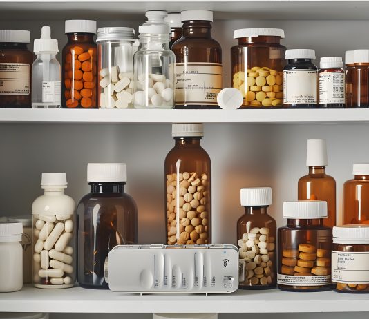 Das Bild zeigt einen geöffneten Arzneischrank, in dem zahlreiche braune und transparente Flaschen mit unterschiedlichen Tabletten und Kapseln aufbewahrt sind.