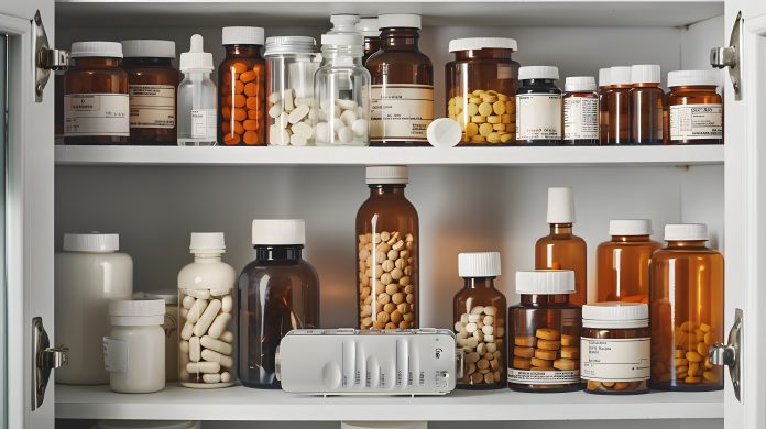 Das Bild zeigt einen geöffneten Arzneischrank, in dem zahlreiche braune und transparente Flaschen mit unterschiedlichen Tabletten und Kapseln aufbewahrt sind.