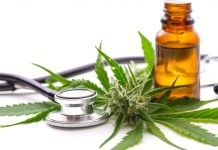 Cannabinoide in der Schmerztherapie: Wirkprofile und therapeutische Anwendungsmöglichkeiten 2026 Cannabisblüte, Hanfblätter, braunes Ölfläschchen und Stethoskop als Symbolbild für medizinisches Cannabis und mögliche Anwendungen in der Schmerztherapie.