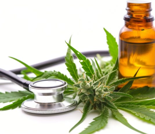 Cannabisblüte, Hanfblätter, braunes Ölfläschchen und Stethoskop als Symbolbild für medizinisches Cannabis und mögliche Anwendungen in der Schmerztherapie.