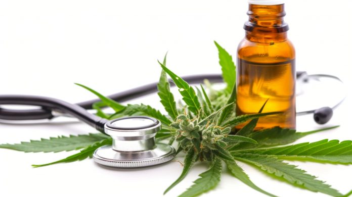 Cannabisblüte, Hanfblätter, braunes Ölfläschchen und Stethoskop als Symbolbild für medizinisches Cannabis und mögliche Anwendungen in der Schmerztherapie.