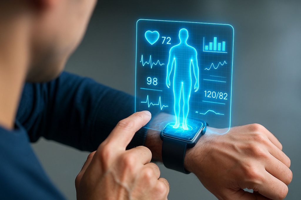 Person betrachtet Gesundheitsdaten auf einer Smartwatch, die Herzfrequenz, Blutdruck und Körperanalyse als holografische Anzeige darstellt – Symbol für digitale Gesundheitsüberwachung und moderne Medizintechnologie.