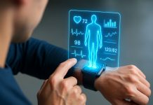 Person betrachtet Gesundheitsdaten auf einer Smartwatch, die Herzfrequenz, Blutdruck und Körperanalyse als holografische Anzeige darstellt – Symbol für digitale Gesundheitsüberwachung und moderne Medizintechnologie.