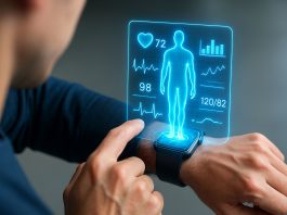 Person betrachtet Gesundheitsdaten auf einer Smartwatch, die Herzfrequenz, Blutdruck und Körperanalyse als holografische Anzeige darstellt – Symbol für digitale Gesundheitsüberwachung und moderne Medizintechnologie.