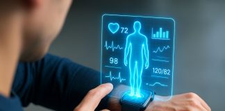 Person betrachtet Gesundheitsdaten auf einer Smartwatch, die Herzfrequenz, Blutdruck und Körperanalyse als holografische Anzeige darstellt – Symbol für digitale Gesundheitsüberwachung und moderne Medizintechnologie.