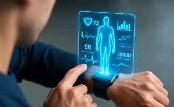 Person betrachtet Gesundheitsdaten auf einer Smartwatch, die Herzfrequenz, Blutdruck und Körperanalyse als holografische Anzeige darstellt – Symbol für digitale Gesundheitsüberwachung und moderne Medizintechnologie.