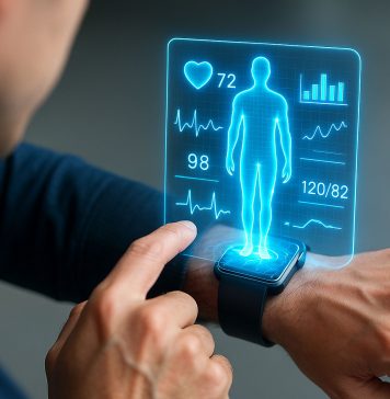 Person betrachtet Gesundheitsdaten auf einer Smartwatch, die Herzfrequenz, Blutdruck und Körperanalyse als holografische Anzeige darstellt – Symbol für digitale Gesundheitsüberwachung und moderne Medizintechnologie.