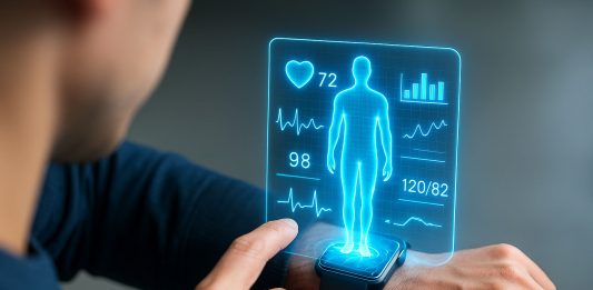 Person betrachtet Gesundheitsdaten auf einer Smartwatch, die Herzfrequenz, Blutdruck und Körperanalyse als holografische Anzeige darstellt – Symbol für digitale Gesundheitsüberwachung und moderne Medizintechnologie.