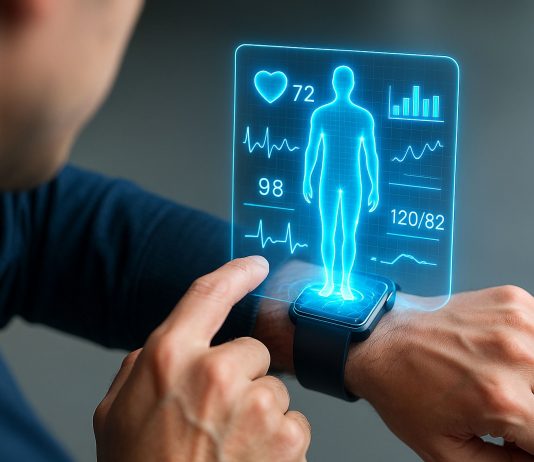 Person betrachtet Gesundheitsdaten auf einer Smartwatch, die Herzfrequenz, Blutdruck und Körperanalyse als holografische Anzeige darstellt – Symbol für digitale Gesundheitsüberwachung und moderne Medizintechnologie.
