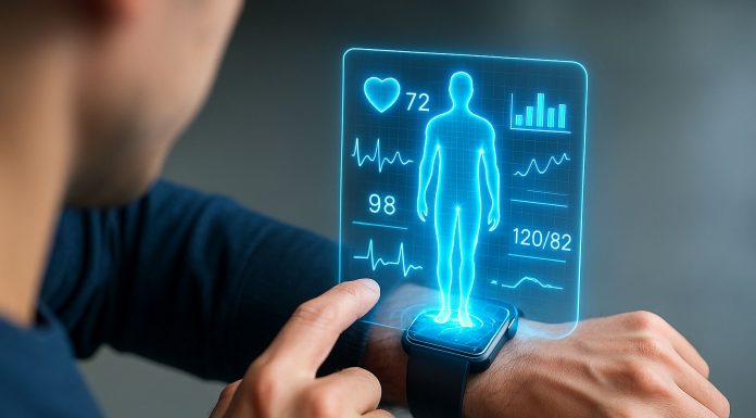 Person betrachtet Gesundheitsdaten auf einer Smartwatch, die Herzfrequenz, Blutdruck und Körperanalyse als holografische Anzeige darstellt – Symbol für digitale Gesundheitsüberwachung und moderne Medizintechnologie.