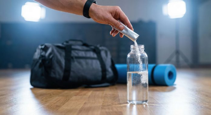elektrolyte-kaufen Hand gibt Elektrolytpulver in eine Wasserflasche vor dem Sport. Im Hintergrund liegen Sporttasche und Trainingsmatte. Symbolbild für Elektrolytgetränke, Mineralstoffausgleich und Regeneration nach körperlicher Belastung.