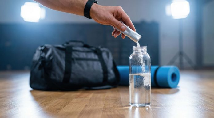 Welches Elektrolyt sollte ich kaufen? Hand gibt Elektrolytpulver in eine Wasserflasche vor dem Sport. Im Hintergrund liegen Sporttasche und Trainingsmatte. Symbolbild für Elektrolytgetränke, Mineralstoffausgleich und Regeneration nach körperlicher Belastung.