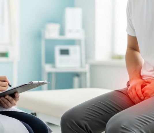 Arztgespräch über Erektionsstörungen: Ein Patient sitzt mit Beschwerden im Intimbereich in der Praxis und lässt mögliche Ursachen abklären.