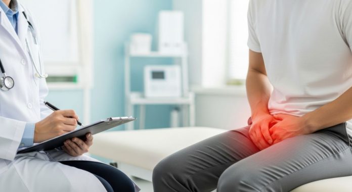 Arztgespräch über Erektionsstörungen: Ein Patient sitzt mit Beschwerden im Intimbereich in der Praxis und lässt mögliche Ursachen abklären.
