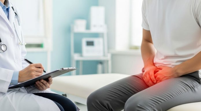 Arztgespräch über Erektionsstörungen: Ein Patient sitzt mit Beschwerden im Intimbereich in der Praxis und lässt mögliche Ursachen abklären.