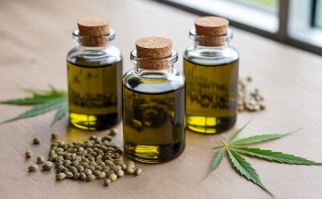 Drei Glasflaschen mit grünlichem Hanföl und Korkverschluss stehen auf einem Holztisch, umgeben von Hanfsamen und frischen Hanfblättern – Symbol für natürliche Ernährung und gesunde Pflanzenöle.