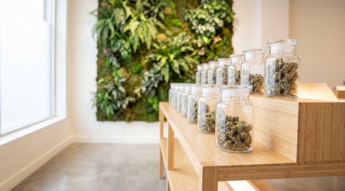 Gläser mit medizinischen Cannabisblüten in moderner Praxisumgebung, dargestellt als Teil einer kontrollierten Cannabistherapie