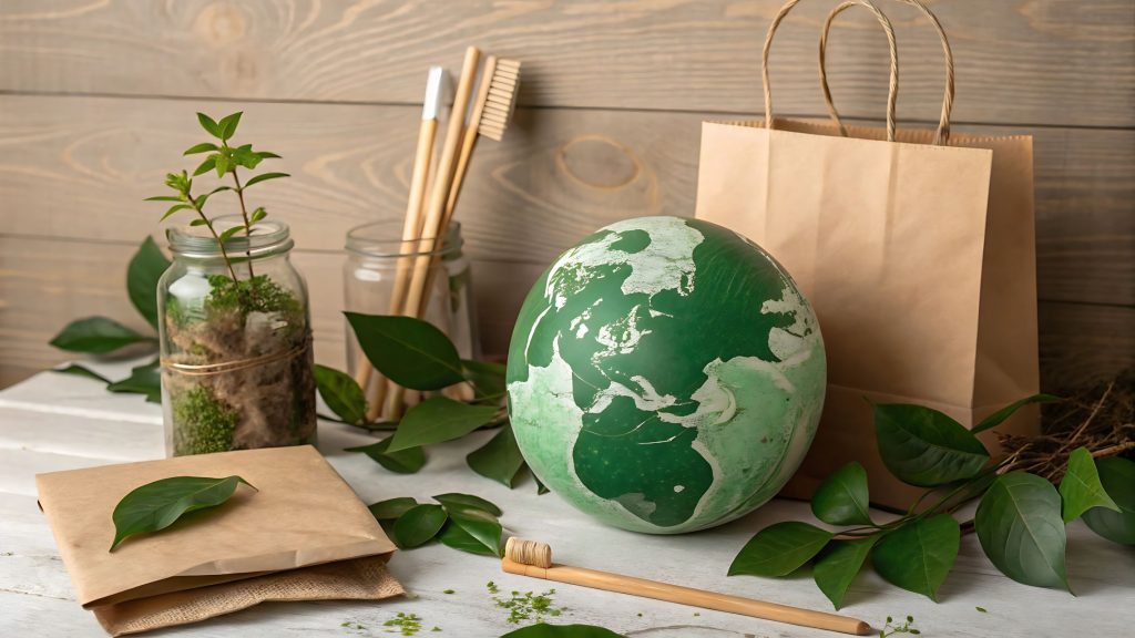 Nachhaltige Produkte aus Naturmaterialien: Globus, Bambuszahnbürsten, Papierverpackung und Pflanzen symbolisieren umweltfreundlichen Lebensstil und bewussten Konsum.