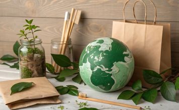 Nachhaltige Produkte aus Naturmaterialien: Globus, Bambuszahnbürsten, Papierverpackung und Pflanzen symbolisieren umweltfreundlichen Lebensstil und bewussten Konsum.