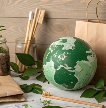 Nachhaltige Produkte aus Naturmaterialien: Globus, Bambuszahnbürsten, Papierverpackung und Pflanzen symbolisieren umweltfreundlichen Lebensstil und bewussten Konsum.