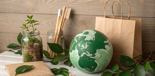 Nachhaltige Produkte aus Naturmaterialien: Globus, Bambuszahnbürsten, Papierverpackung und Pflanzen symbolisieren umweltfreundlichen Lebensstil und bewussten Konsum.