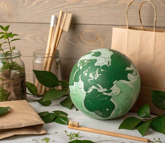 Nachhaltige Produkte aus Naturmaterialien: Globus, Bambuszahnbürsten, Papierverpackung und Pflanzen symbolisieren umweltfreundlichen Lebensstil und bewussten Konsum.