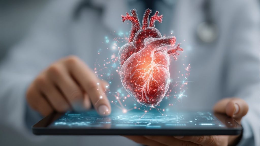 Digitale Herzdiagnostik in einer Praxissoftware: 3D-Darstellung eines menschlichen Herzens über einem Tablet, Symbol für Kardiologie, Telemedizin und digitale Patientenversorgung.