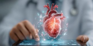 Digitale Herzdiagnostik in einer Praxissoftware: 3D-Darstellung eines menschlichen Herzens über einem Tablet, Symbol für Kardiologie, Telemedizin und digitale Patientenversorgung.